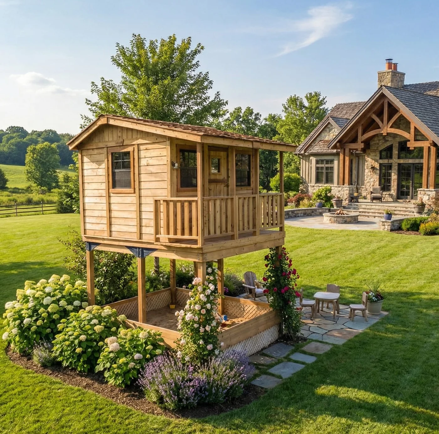 Cedar Cabin Playhouse Elevated with integrated sandbox by OLT Cedar Cabin Playhouse Elevated with integrated sandbox by OLT