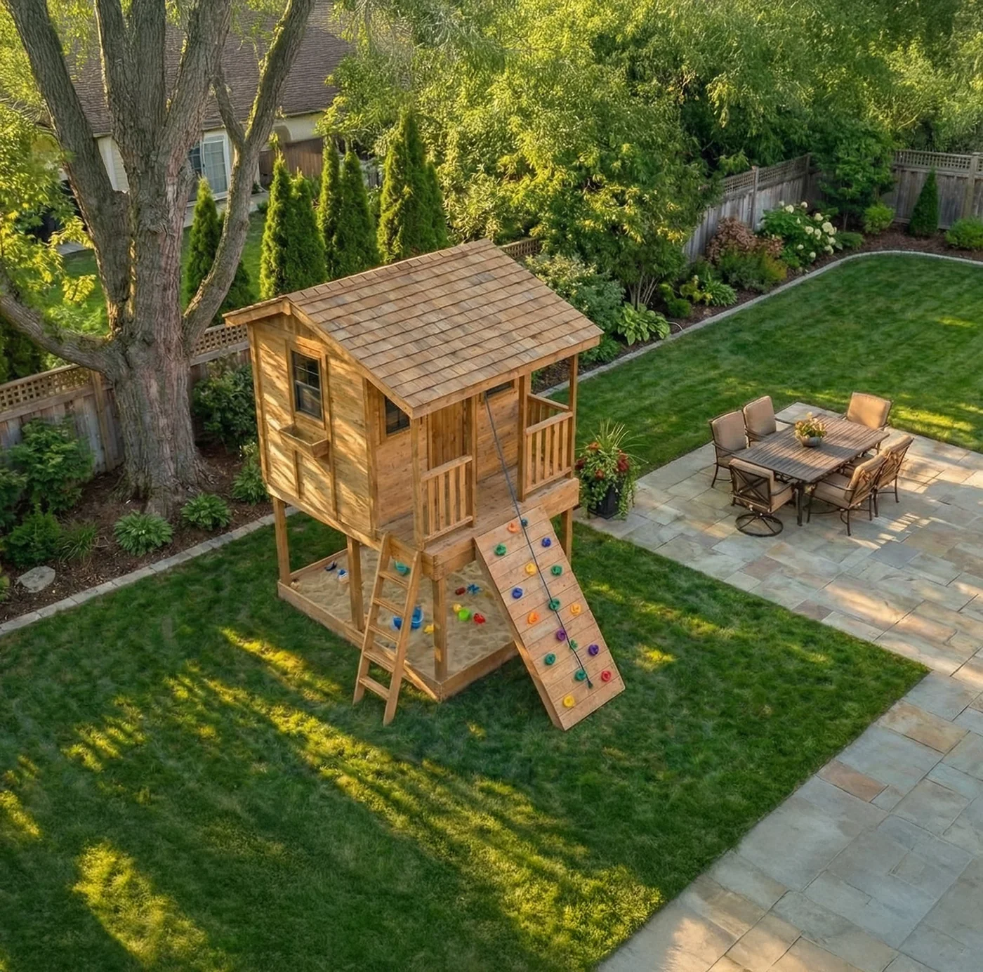 Cedar Cabin Playhouse Elevated with integrated sandbox by OLT Cedar Cabin Playhouse Elevated with integrated sandbox by OLT - Image 4
