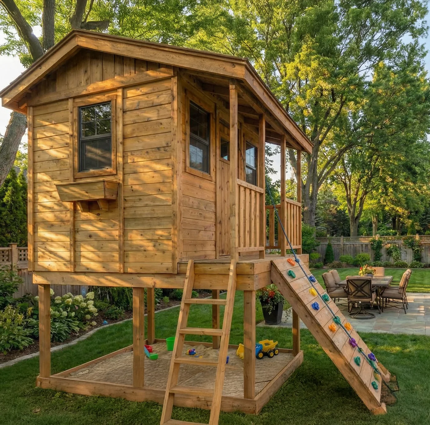 Cedar Cabin Playhouse Elevated with integrated sandbox by OLT Cedar Cabin Playhouse Elevated with integrated sandbox by OLT - Image 3